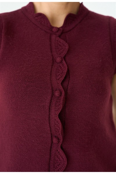 Kadın Bordo Tasarım Dantel Örgü Premium Triko Yelek