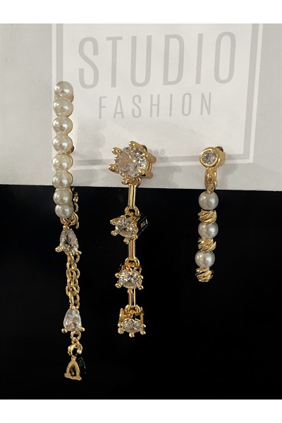 Kadın Tasarım Trend Gold İnci Zirkon Taşlı VIP Seri Çelik Premium Rodyum Kaplama Şık 3lü Set Küpe