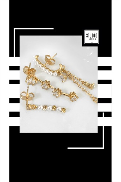 Kadın Tasarım Trend Gold İnci Zirkon Taşlı VIP Seri Çelik Premium Rodyum Kaplama Şık 3lü Set Küpe