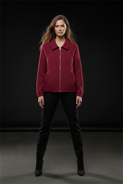 Kadın Vişne Önden Fermuarlı Polo Yaka Relaxed Triko Ceket Hırka 