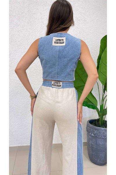 Kadın Yeni Sezon Garnili Kot Yelek Keten Pantolon İkili Takım