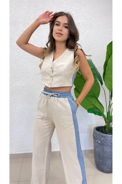 Kadın Yeni Sezon Garnili Kot Yelek Keten Pantolon İkili Takım