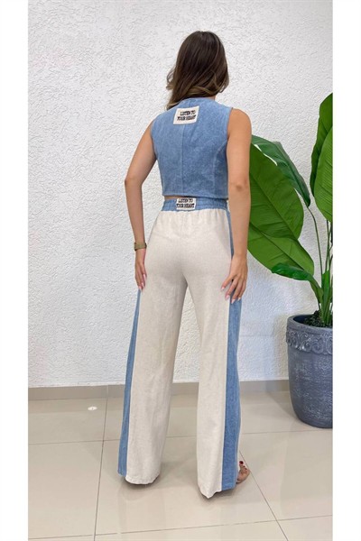 Kadın Yeni Sezon Garnili Kot Yelek Keten Pantolon İkili Takım