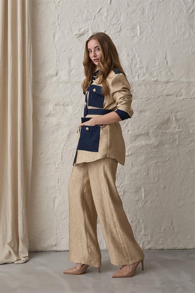 Kadın Yeni Sezon Premium Garnili Cepli Gömlek ve Pantolon Takım