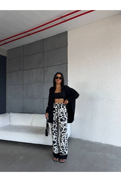 Kadın Yeşil Premium Uzun Kol Oversize Gömlek Desenli Bol Paça Pantolon %100 Pamuk İkili Takım