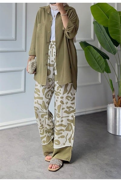 Kadın Yeşil Premium Uzun Kol Oversize Gömlek Desenli Bol Paça Pantolon %100 Pamuk İkili Takım