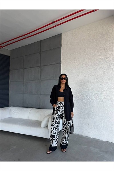 Kadın Yeşil Premium Uzun Kol Oversize Gömlek Desenli Bol Paça Pantolon %100 Pamuk İkili Takım