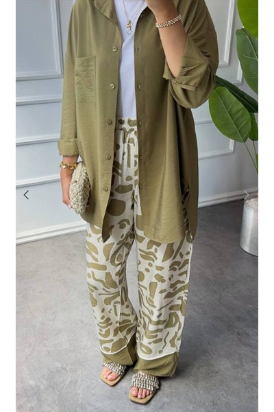 Kadın Yeşil Premium Uzun Kol Oversize Gömlek Desenli Bol Paça Pantolon %100 Pamuk İkili Takım