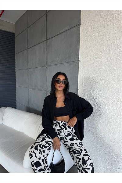 Kadın Yeşil Premium Uzun Kol Oversize Gömlek Desenli Bol Paça Pantolon %100 Pamuk İkili Takım