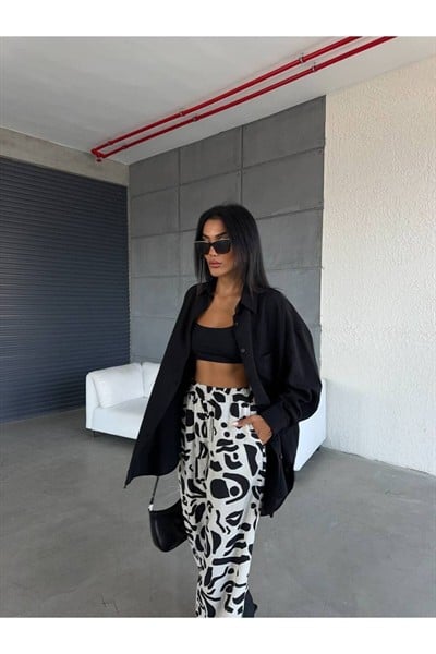 Kadın Yeşil Premium Uzun Kol Oversize Gömlek Desenli Bol Paça Pantolon %100 Pamuk İkili Takım