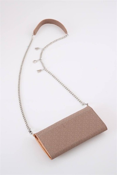 Kahverengi Aksesuarlı Clutch Çanta Kabartma Yüksek Kalite