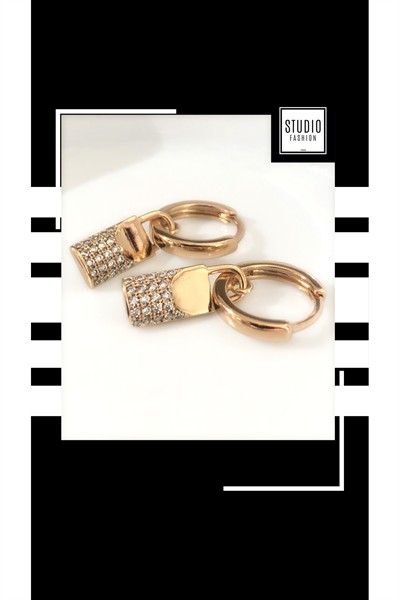 Kararmaz Kuyumcu I?şçilik Vip Çelik Premium Rodyum Minimal Taşlı Sallantılı Tasarım Halka Küpe