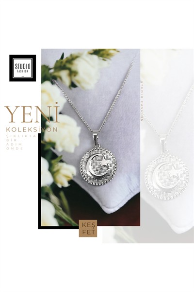 Kararmaz Kuyumcu I?şçilik Vip Çelik Premium Rodyum Kaplama Ay Yıldız Modern Tasarım Kolye