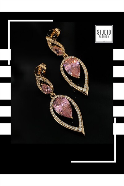 Kararmaz Kuyumcu I?şçilik Vip Çelik Premium Rodyum Kaplama Pembe Taşlı Tasarım Çivi Küpe