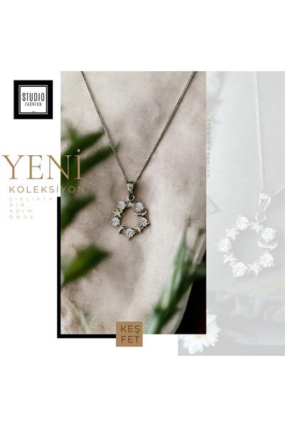 Kararmaz Kuyumcu I?şçilik Vip Çelik Premium Rodyum Kaplama Taşlı Yıldız Ay Detaylı Tasarım Kolye