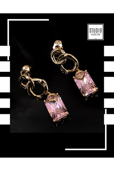 Kararmaz Kuyumcu I?şçilik Vip Çelik Premium Rodyum Kaplama Pembe Taşlı Tasarım Çivi Küpe