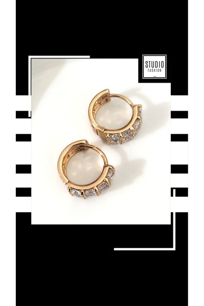 Kararmaz Kuyumcu I?şçilik Vip Çelik Premium Rodyum Kaplama Taşlı Tasarım Minimal Halka Küpe