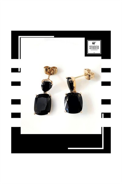 Kararmaz Vip Çelik Premium Gold Rodyum Kaplama Parlak Siyah Taşlı Sallantılı Çivi Model Şık Küpe