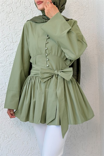 Kuşaklı Düğmeli Kimono Kol Pamuk Tunik