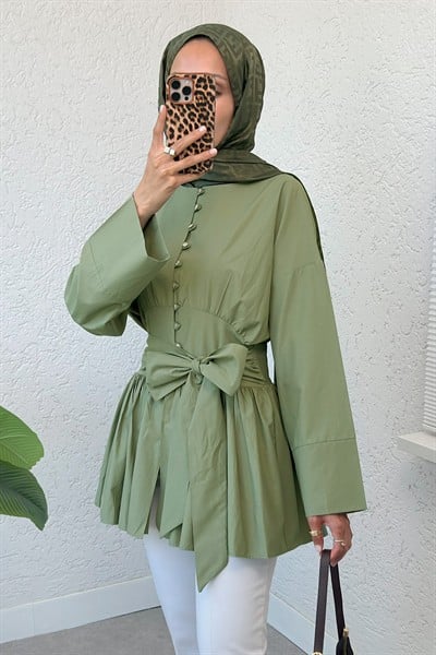Kuşaklı Düğmeli Kimono Kol Pamuk Tunik