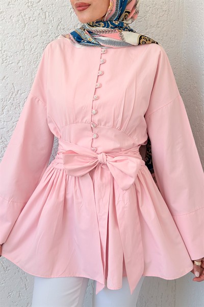 Kuşaklı Düğmeli Kimono Kol Pamuk Tunik