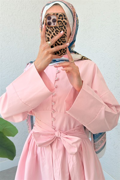 Kuşaklı Düğmeli Kimono Kol Pamuk Tunik