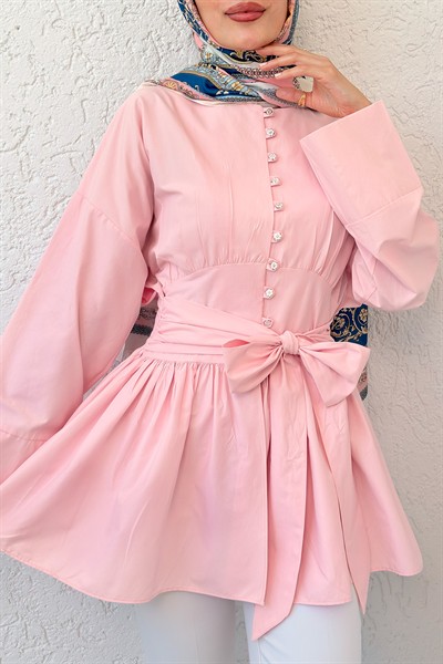 Kuşaklı Düğmeli Kimono Kol Pamuk Tunik