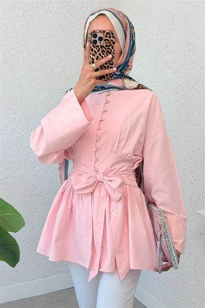 Kuşaklı Düğmeli Kimono Kol Pamuk Tunik