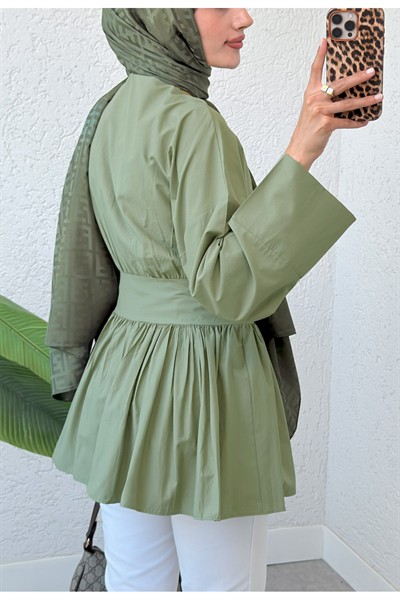 Kuşaklı Düğmeli Kimono Kol Pamuk Tunik