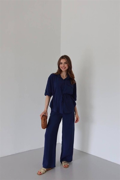 Lacivert Modal Ten.Sel Kumaş Beli Büzgülü Gömlek Pantolon Takım
