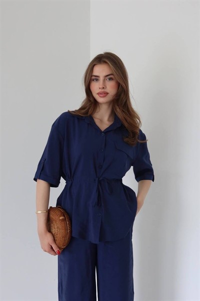 Lacivert Modal Ten.Sel Kumaş Beli Büzgülü Gömlek Pantolon Takım