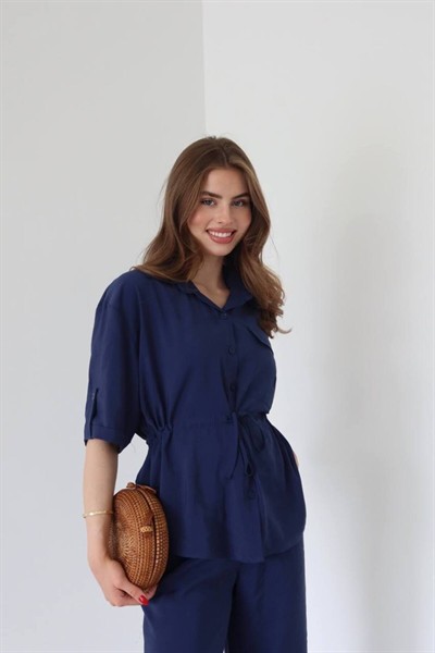 Lacivert Modal Ten.Sel Kumaş Beli Büzgülü Gömlek Pantolon Takım