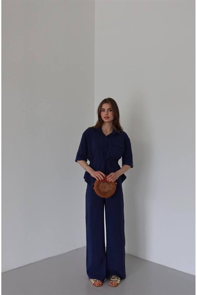 Lacivert Modal Ten.Sel Kumaş Beli Büzgülü Gömlek Pantolon Takım