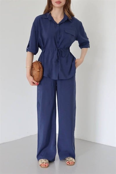 Lacivert Modal Ten.Sel Kumaş Beli Büzgülü Gömlek Pantolon Takım