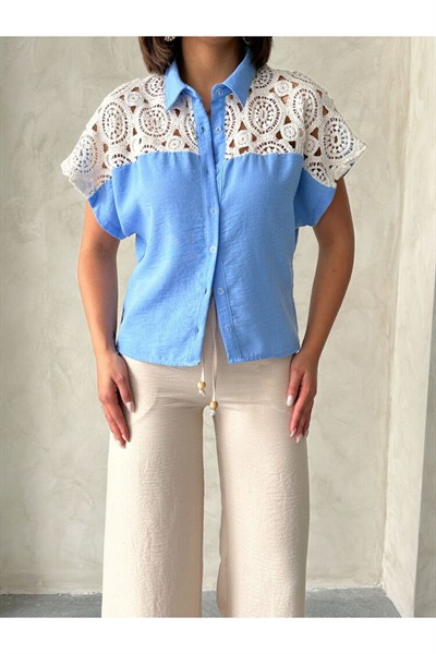 Kadın Mavi Omuzları Dantel Motif Detaylı %100 Keten Gömlek