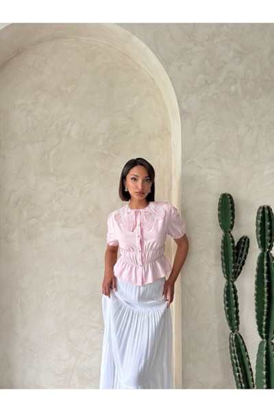 Kadın Pembe Bebe Yaka Yonca Düğmeli Büzgülü Pamuklu Gömlek