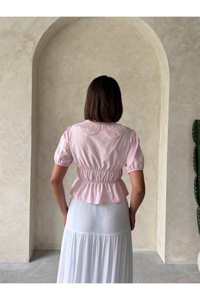 Kadın Pembe Bebe Yaka Yonca Düğmeli Büzgülü Pamuklu Gömlek