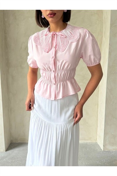 Kadın Pembe Bebe Yaka Yonca Düğmeli Büzgülü Pamuklu Gömlek