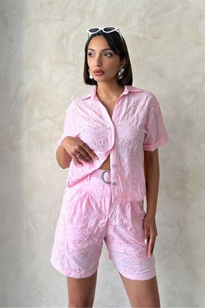 Pembe Nakışlı Vual %100 Pamuk Kısa Kol Gömlek