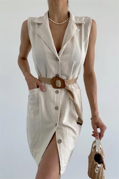Premium %100 Pamuk Hasır Jüt Kemerli Kolsuz Cepli Keten Elbise