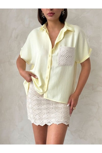 Kadın Sarı Aplik Cepli %100 Keten Gömlek