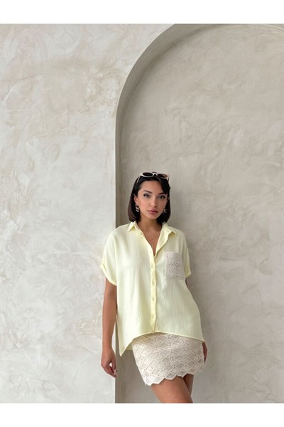 Kadın Sarı Aplik Cepli %100 Keten Gömlek
