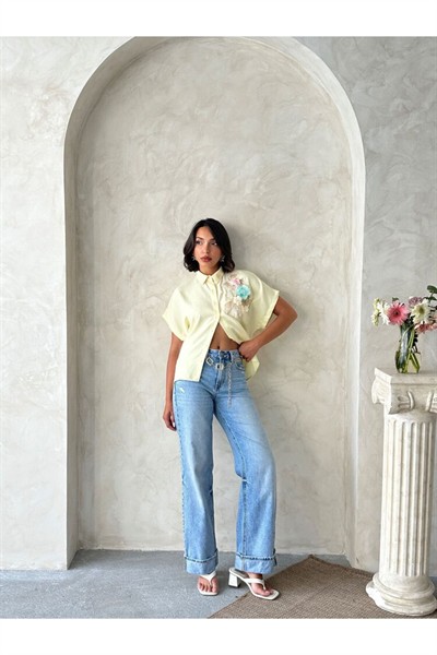 Kadın Sarı Çiçek Detaylı %100 Keten Gömlek