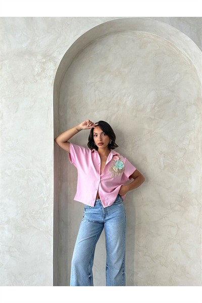 Kadın Pembe Çiçek Detaylı %100 Keten Gömlek