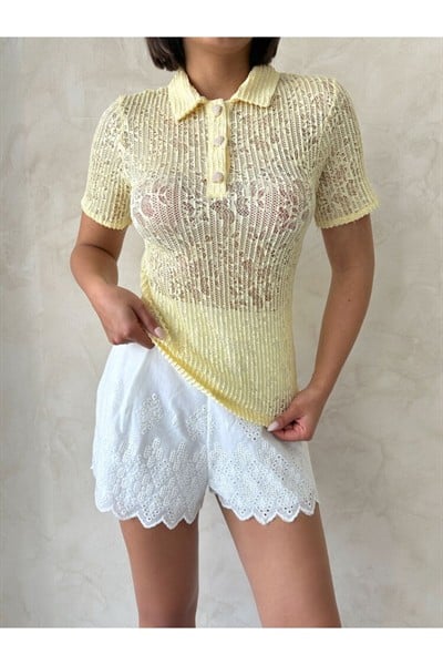 Sarı İncili Kalp Düğmeli Dantel Gömlek Yaka Bluz