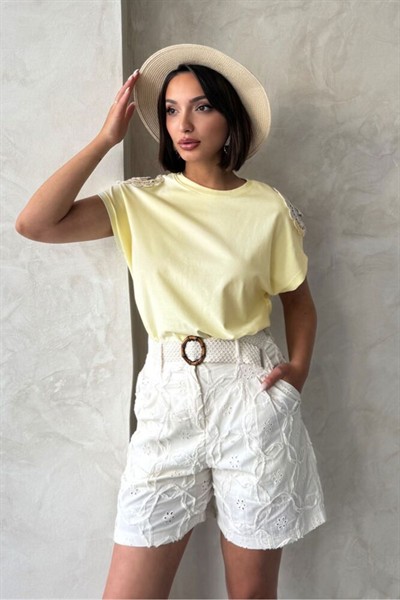 Kadın Sarı Omuz Örgü Detay Pamuklu Bluz