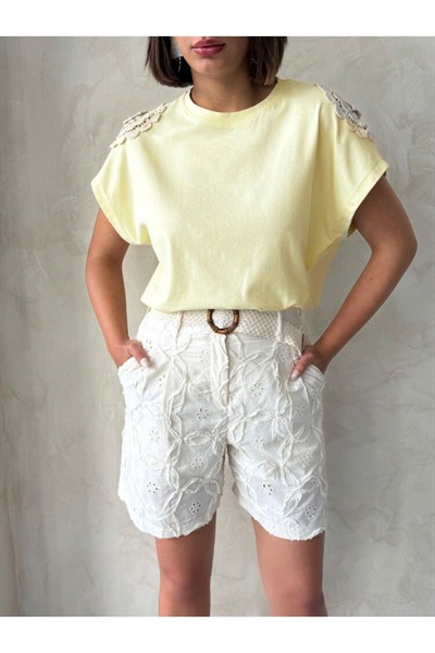 Kadın Sarı Omuz Örgü Detay Pamuklu Bluz