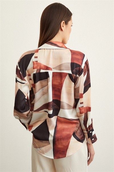 Taş Desen V Yaka Gömlek Kahve