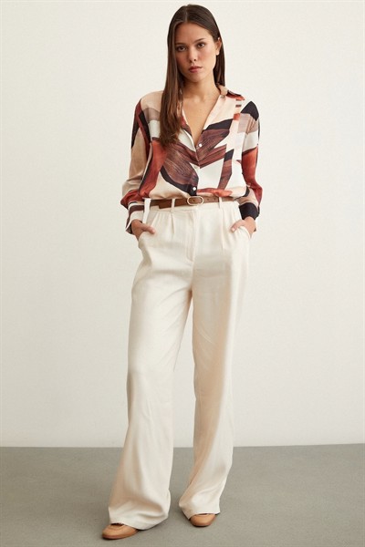 Taş Desen V Yaka Gömlek Kahve