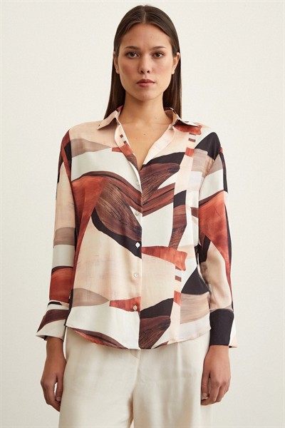 Taş Desen V Yaka Gömlek Kahve